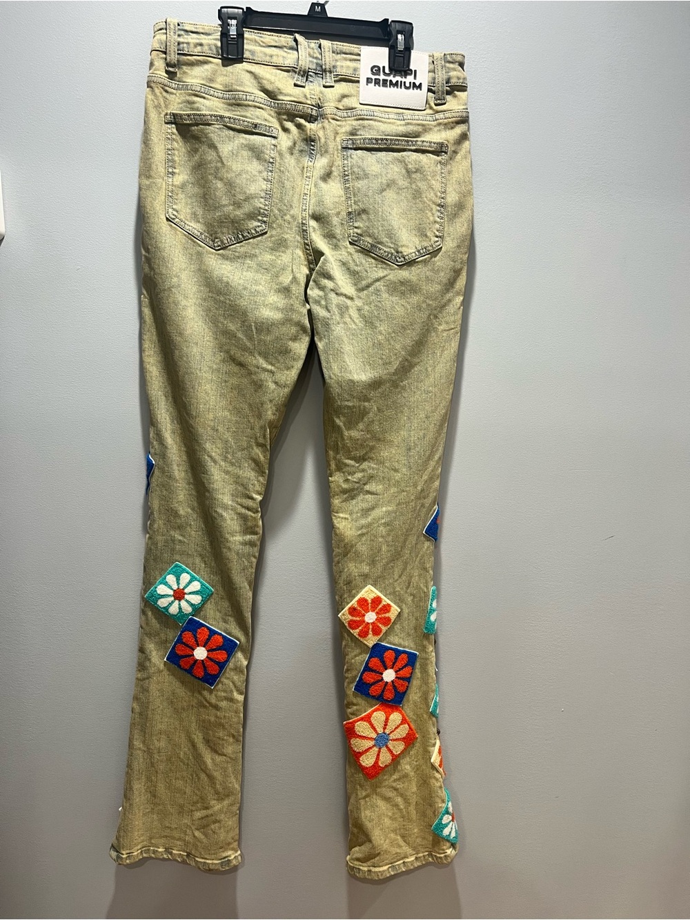 GUAPI Vintage Flowers Denim Stacked Jeans Men’s Size 34 Khaki Patchwork Flared - Picture 11 of 16